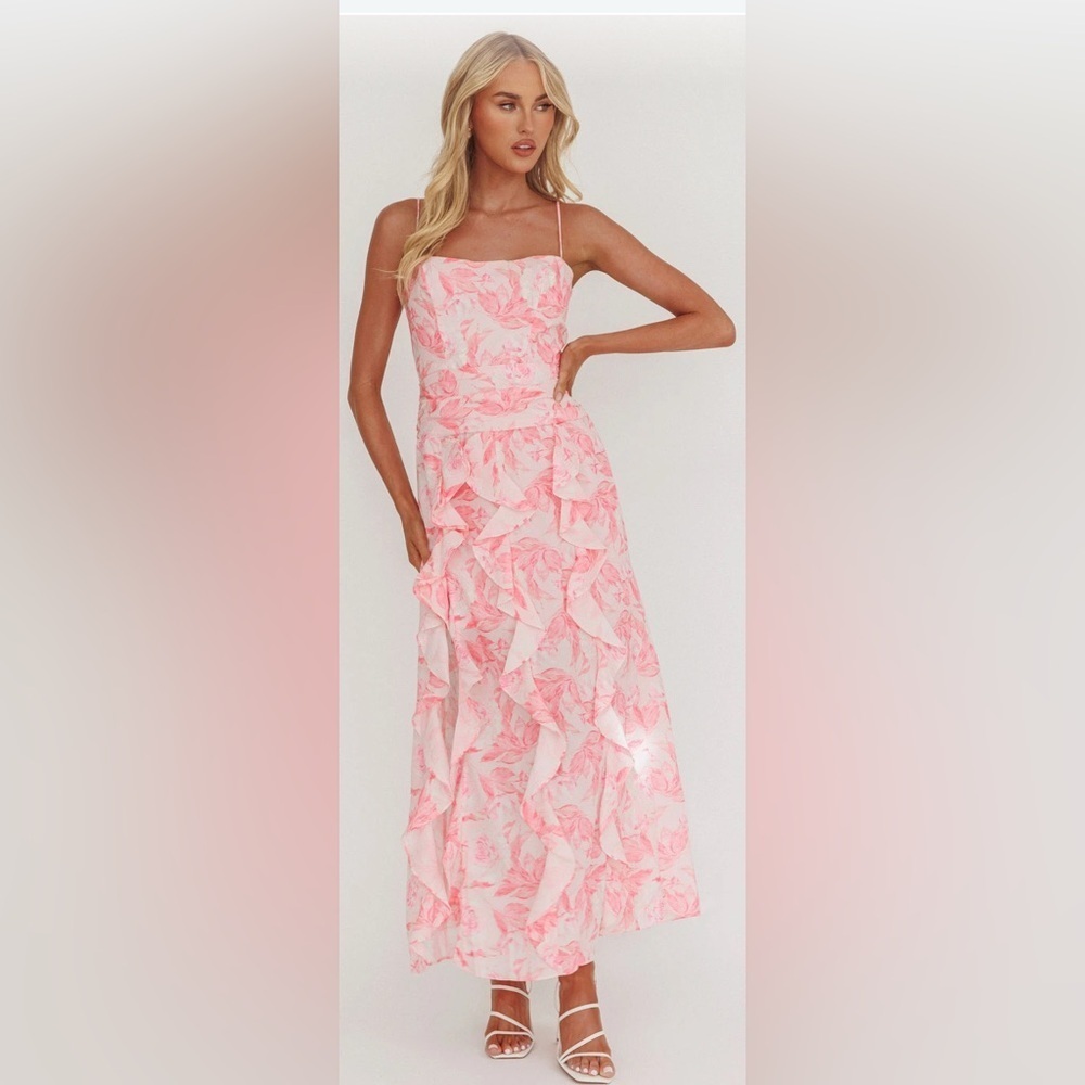 NWT SELFIE LESLIE Serif Ruffle Trim Split Maxi Dress Pink Various Sizes - Picture 2 of 14